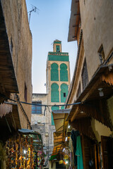 Minaret of Sidi Ahmed Tijani Zawiya in Fez Medina at Twilight