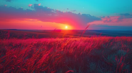 Wall Mural - Fields and Meadows Grassland Sunset: A neon photo capturing the beauty of a grassland at sunset