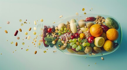 Nutritional supplement and vitamin supplements as a capsule with fruit vegetables nuts and beans inside a nutrient pill. Medicine health concept