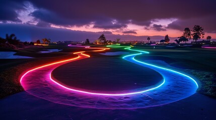 golf courses nighttime glow: a photo capturing the nighttime glow of empty golf courses