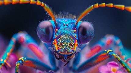 Wall Mural - Neon Insects Close-Up: A macro photo showing a close-up of a neon insect