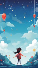 Card invitation background, A young girl stands on a hill, gazing up at the vast sky above