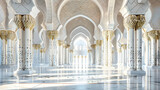 Fototapeta  - Arabian architecture interior with arches and columns. The walls have intricate patterns, and the floor is covered in white marble tiles