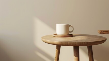 Minimalist side table with blank mug or cup mockup