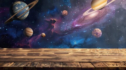 a wooden tabletop mockup in front of a beautiful space scene with stars, planets, and galaxies backg