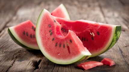 Juicy watermelon slices arranged on a rustic wooden table