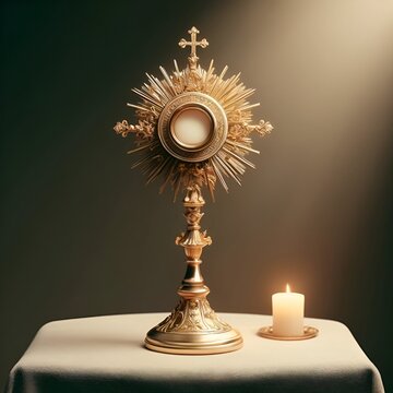 Corpus christi background with catholic monstrance and burning candle on the table.
