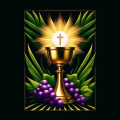 Wall Mural - Illustration for corpus christi with a golden chalice on dark background.