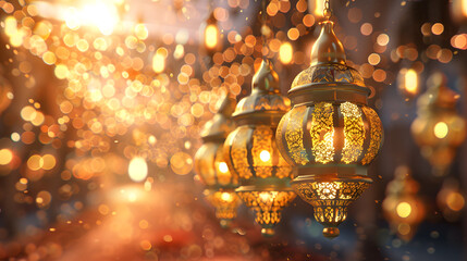 Wall Mural - Golden ornate hanging lanterns with patterns on glowing light bokeh background, copy space for text