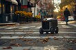 A delivery robot drives down a city street with an order