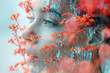 Portrait of young woman with flowers and plants, in the style of motion blur and glitch art.