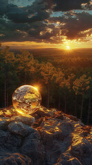 Wall Mural - A striking scene of a globe illuminated by the last rays of the setting sun, positioned on a rocky outcrop overlooking a sprawling forest,