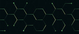 Fototapeta  - Abstract green molecule or atom background. Abstract molecule structure. Futuristic digital hi-technology horizontal banner. Vector illustration