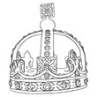Coronation crown for king or queen. Symbolic religious ceremony while sovereign is crowned to monarch's head with crown. Monarch is the head of the Church of England with title and powers.