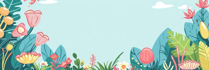 cute flower blossom springtime refreshing cartoonish minimal banner print design, with blank empty space for mock up message background