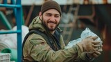 Fototapeta  - Smiling Young Man in Winter Gear Volunteering for Environmental Cleanup. Generative ai