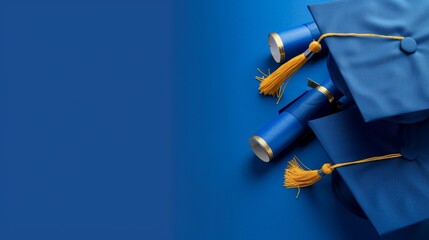 Sophisticated blue graduation cap and diploma setup, representing educational success and commencement milestones
