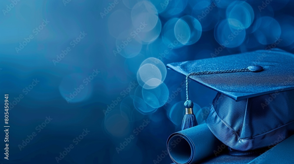 Celebrating academic achievement with a blue graduation cap and diploma ...