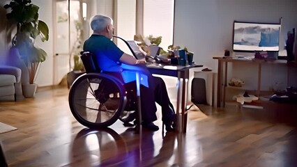 Poster - man in wheelchair using laptop computer generative ai