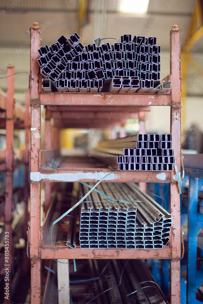 Metal steel square piping pipes stacked up on an industrial heavy duty ...