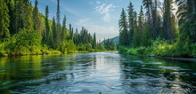 A Serene River Bend, Flanked By Towering Trees And Underbrush In Varying Shades Of Green. The River's Smooth Surface Reflects The Sky, 