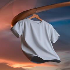 Wall Mural - Blank White T-Shirt Mock-up on wooden hanger, front and rear side view. 3D Rendering.