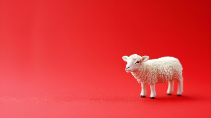 Wall Mural - A cute sheep figurine on an red background, in a minimalist style with a simple design. Copy space for text