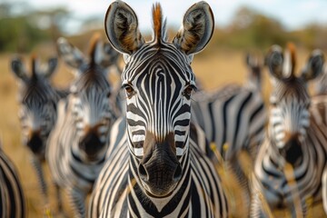 A Zebra's detailed face captured with striking black and white stripes among a herd in the wild with a shallow depth of field