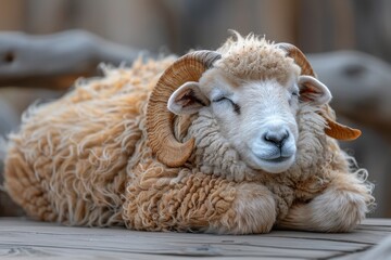 A serene photograph captures a lamb with closed eyes lying comfortably on a wooden table