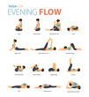16 Yoga poses or asana posture for workout in evening flow concept. Women exercising for body stretching. Fitness infographic. 