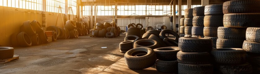 Tire Industry : Piles of car tires in factory storage area