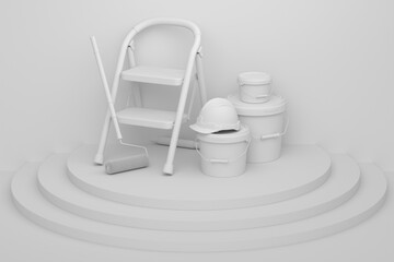 Poster - Abstract scene with folding ladder, bucket and paint roller on monochrome