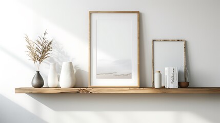 Wall Mural - Wooden wall shelf displaying curated art pieces, adding depth and personality to a minimalist white decor.