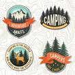 Set of camping related typographic quote for sticker, badges, patches . Vector illustration. Concept for shirt or logo, print, stamp or tee. Vintage typography design with forest, mountains and starry
