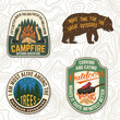 Set of camping related typographic quote. Vector. Design with forest, mountains, axe and campfire.