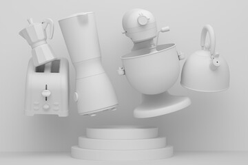 Poster - Abstract scene or podium with kitchen appliances and utensils on monochrome.
