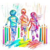 Trzy dzieci idących przed kolorowymi ołówkami na przezroczystym tle, wykonały transe