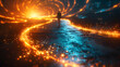 © kaitong1006 - A lone figure walks along a mesmerizing spiral pathway glowing with fiery orange lights, in a surreal, dreamlike scene