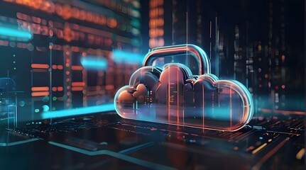 Abstract illustration of cloud security services, stylized cloud icon integrated with a secure padlock symbol, representing data protection and cybersecurity concept.