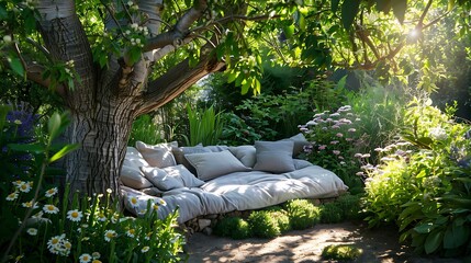 Garden area for relaxation in shade of large tree summer coolness with cushions and flowers green plant