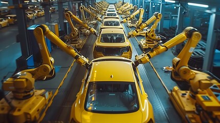 Wall Mural - High angle view of cars on production line in factory Many robottic arms doing welding on car metal body in manufacturing plant