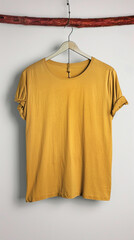 Wall Mural - A muted mustard yellow t-shirt hanging on a hanger of sequoia wood, against a white backdrop. 