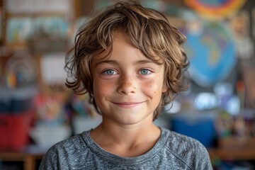 Wall Mural - A high-resolution photo of a curly-haired boy smiling at the camera