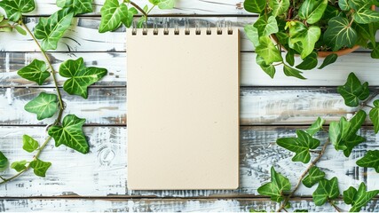 Top view of blank notepad and green plant on white wooden background