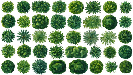 watercolor decorative green bushes, top view collection isolated on white, design for cards, packaging design, book illustrations