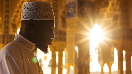 Poster - Close up of an African man wearing a white kandura and praying in the mosque. Backlit by sunlight through a window