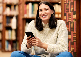 Poster - Portrait, girl and student in library, cellphone and typing for research, social media and relaxing with smile. Face, person and woman with smartphone, books and college with contact or happiness