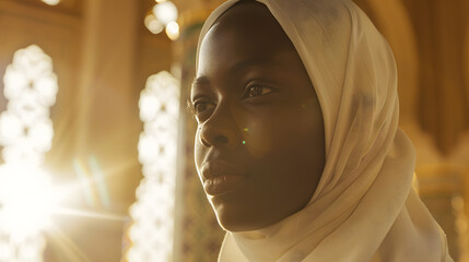 Wall Mural - Close up of an cute african girl wearing a white hijab and praying in the mosque. Backlit by sunlight through a window