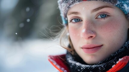 Wall Mural - The close up picture of the person looking at the camera with the white snow background in the middle of the snowy ice field, the skill require for ice field are fitness, ice safety knowledge. AIG43.