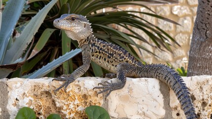 Wall Mural -   A lizard atop a stone wall, near a palm tree Palm trees in the background